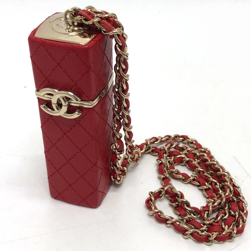 CHANEL CC Mark CC Lip case ChainShoulder Accessory case Leather Red/GoldHardware
